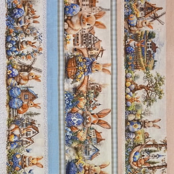 Tecido Tricoline Barrado Coelhos de Pascoa Azul