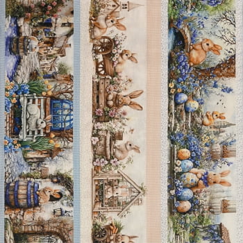 Tecido Tricoline Barrado Coelhos de Pascoa Azul