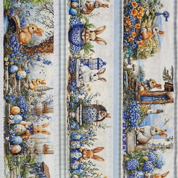 Tecido Tricoline Barrado Coelhos de Pascoa Azul
