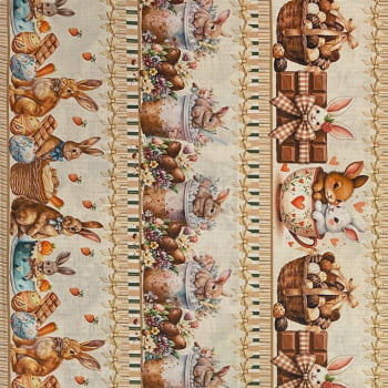 Tecido Tricoline Barrado Coelhos de Pascoa Mundo Doce