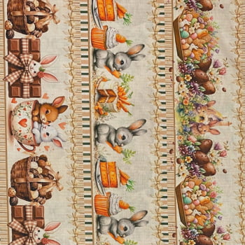 Tecido Tricoline Barrado Coelhos de Pascoa Mundo Doce