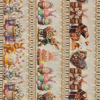 Tecido Tricoline Barrado Coelhos de Pascoa Mundo Doce