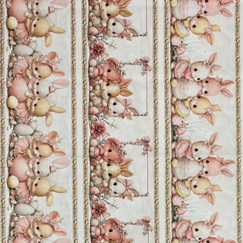 Tecido Tricoline Digital Barrado Pascoa Coelhinhas Delicados Rosa