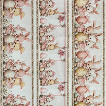 Tecido Tricoline Digital Barrado Pascoa Coelhinhas Delicados Rosa