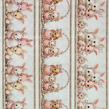 Tecido Tricoline Digital Barrado Pascoa Coelhinhas Delicados Rosa