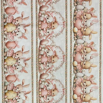 Tecido Tricoline Digital Barrado Pascoa Coelhinhas Delicados Rosa