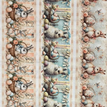 Tecido Tricoline Digital Barrado Pascoa Coelhos Realistas Salmao e Ciano