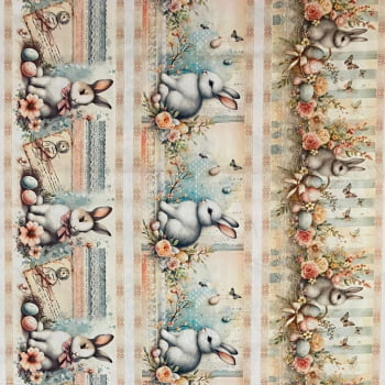 Tecido Tricoline Digital Barrado Pascoa Coelhos Realistas Salmao e Ciano