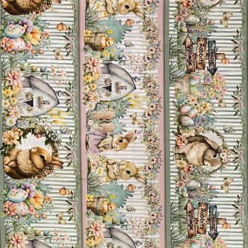 Tecido Tricoline Digital Barrado Pascoa na Vila dos Coelhinhos Verde e Rosa