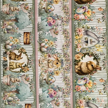 Tecido Tricoline Digital Barrado Pascoa na Vila dos Coelhinhos Verde e Rosa