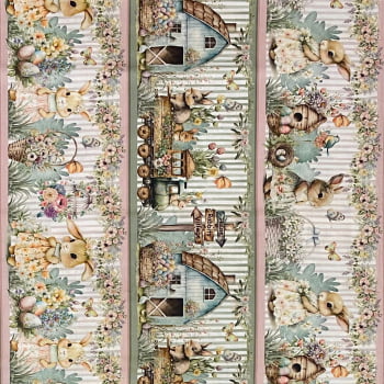 Tecido Tricoline Digital Barrado Pascoa na Vila dos Coelhinhos Verde e Rosa