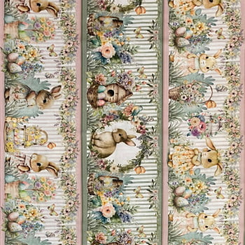 Tecido Tricoline Digital Barrado Pascoa na Vila dos Coelhinhos Verde e Rosa