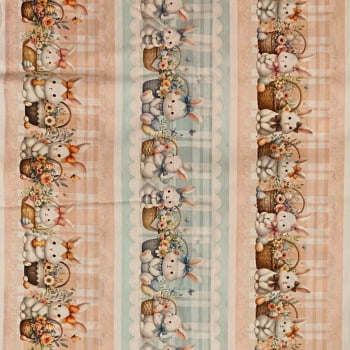 Tecido Tricoline Digital Barrados Cesta de Coelhos Fofos Pascoa Fofa