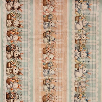 Tecido Tricoline Digital Barrados Cesta de Coelhos Fofos Pascoa Fofa