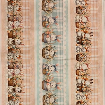 Tecido Tricoline Digital Barrados Cesta de Coelhos Fofos Pascoa Fofa