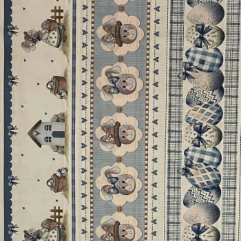 Tecido Tricoline Digital Barrados Pascoa Azul Laços e Chapeus