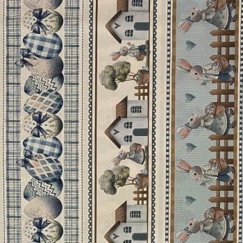 Tecido Tricoline Digital Barrados Pascoa Azul Laços e Chapeus