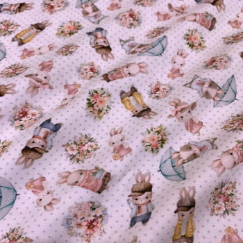 Tecido Tricoline Digital Coelhinhos de Casaco Fundo Poa