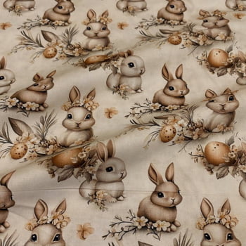 Tecido Tricoline Digital Coelhos de Pascoa Bege Páscoa Natural