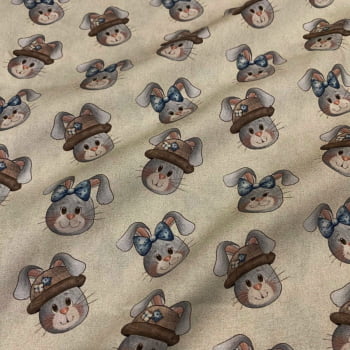 Tecido Tricoline Digital Coelhos e Coelhas Laços e Chapéus Pascoa Azul