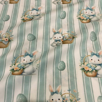 Tecido Tricoline Digital Coelhos Fofos Pascoa Listras Azul Piscina