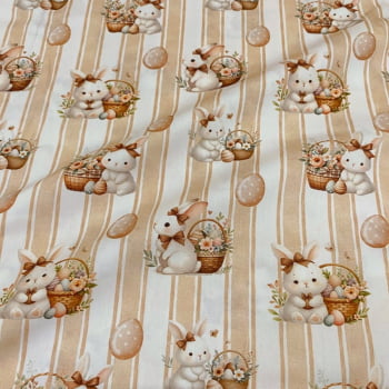 Tecido Tricoline Digital Coelhos Fofos Pascoa Listras Bege