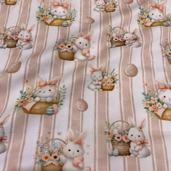 Tecido Tricoline Digital Coelhos Fofos Pascoa Listras Rose