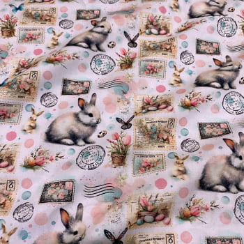 Tecido Tricoline Digital Coelhos Realistas e Selos Postais 