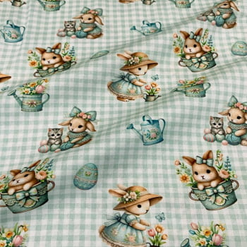 Tecido Tricoline Digital Jardim de Coelhinhos e Flores Fundo Xadrez Pascoa 