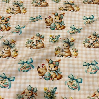 Tecido Tricoline Digital Jardim de Coelhinhos e Laços Azuis Fundo Xadrez Pascoa 