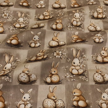 Tecido Tricoline Digital Ninho de Pascoa  Bege Páscoa Natural