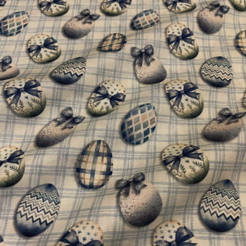 Tecido Tricoline Digital Ovos Enlaçados Fundo Xadrez Pascoa Azul