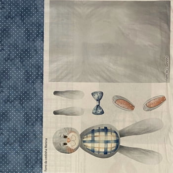 Tecido Tricoline Digital Painel Cestinha e Mini Coelho Pascoa Azul 