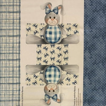 Tecido Tricoline Digital Painel Cestinha e Mini Coelho Pascoa Azul 