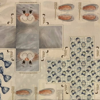 Tecido Tricoline Digital Painel Cestinhas Laços e Chapéus Pascoa Azul