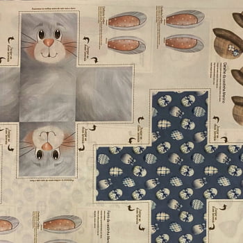 Tecido Tricoline Digital Painel Cestinhas Laços e Chapéus Pascoa Azul