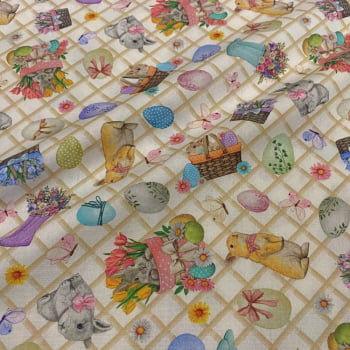 Tecido Tricoline Digital Pascoa Coelhos Ovos e Flores Fundo Xadrez
