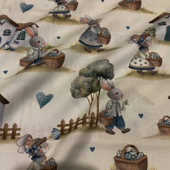 Tecido Tricoline Digital Vila Pascoal Pascoa Azul