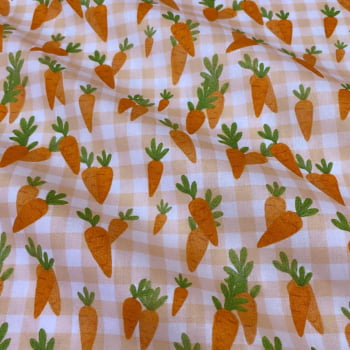 Tecido Tricoline Pascoa Cenoura Fundo Xadrez Laranja