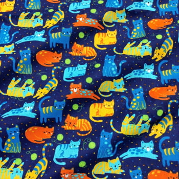 Tecido Tricoline Gatinhos Coloridos Azul Marinho (Gato Fofo)
