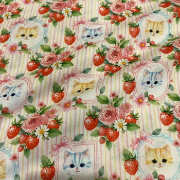 Tecido Tricoline Pets Gatinhos Enquadrados Flores e Morangos