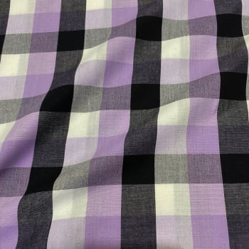 Tecido Tricoline Fio Tinto Xadrez Colorido Grande Lilas e Preto