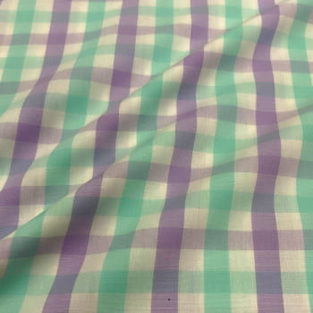 Tecido Tricoline Fio Tinto Xadrez Colorido Medio Verde Tiffany e Lilas