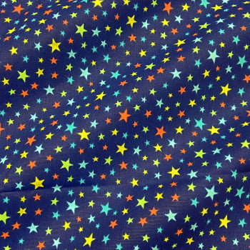 Tecido Tricoline Estrelas Coloridas Azul Marinho