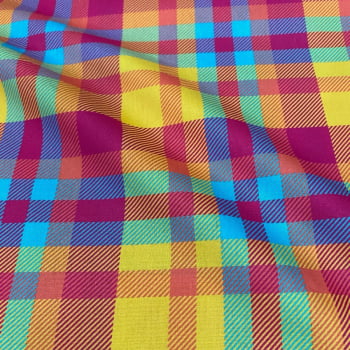 Tecido Tricoline Festa Junina Xadrez Colorido Magenta Amarelo Azul e Laranja