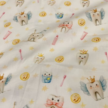 Tecido Tricoline Digital Dentinhos Encantados Fundo Branco