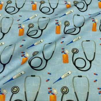 Tecido Tricoline Digital Estetoscopio Fundo Azul Coleção Saúde