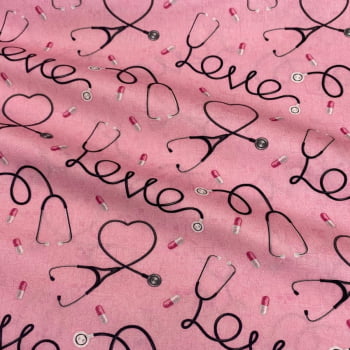 Tecido Tricoline Digital Estetoscopio Love Fundo Rosa Coleção Saúde 