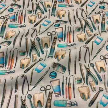 Tecido Tricoline Digital Instrumentos de Dentistas Coleção Profissões Tecido Tricoline Digital Instrumentos de Dentistas Coleção Profissões
