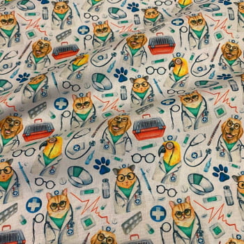 Tecido Tricoline Veterinário Doutores Patinhas Fundo Branco